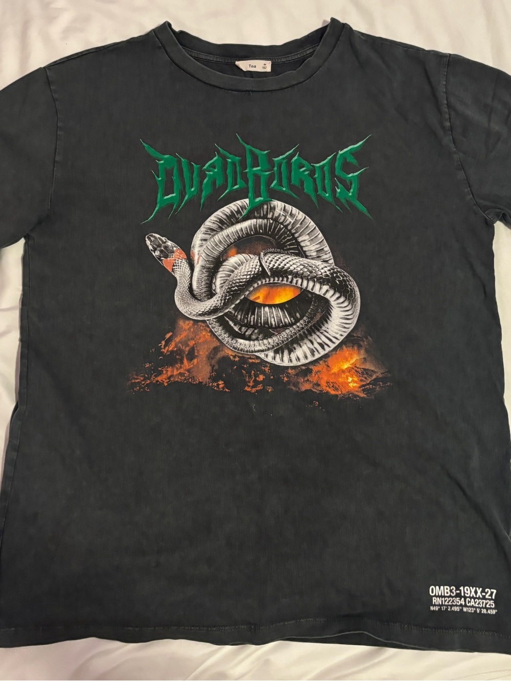 TNA Black Graphic Tee with Green Logo, Snake and Orange Flame